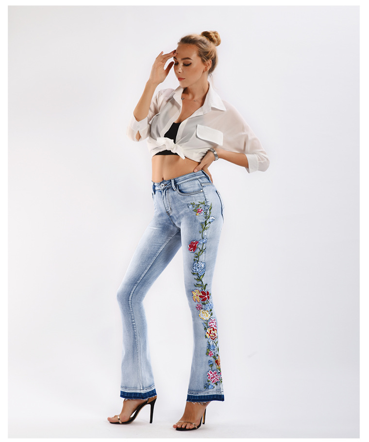 SZ60206 Flower Embroidery Denim Flared Pants in Blue